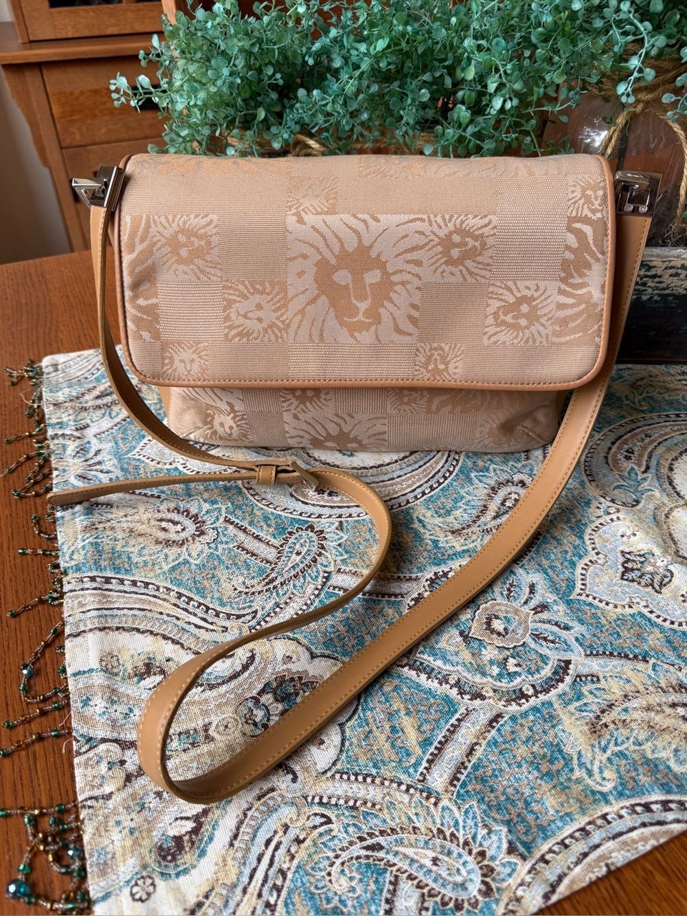Anne Klein Lion Jacquard Vintage Flap Shoulder Bag Tan Signature Print